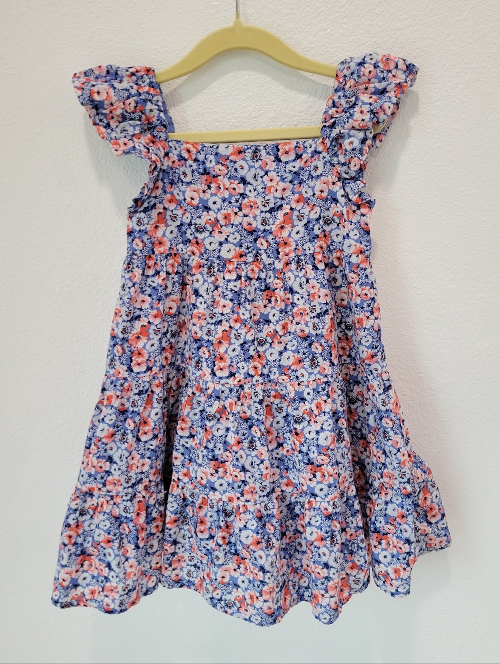 Janie and Jack Floral Dress Girls Size 4 Blue‎ Coral Pink Ruffle Button Front